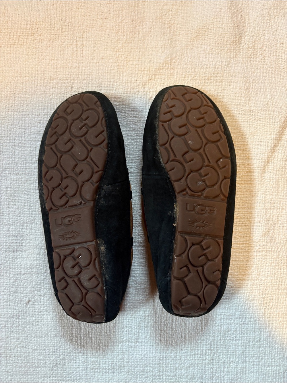 UGG Black Suede Moccasin with Tan Laces and Cream Shearling - Picture 3 of 4